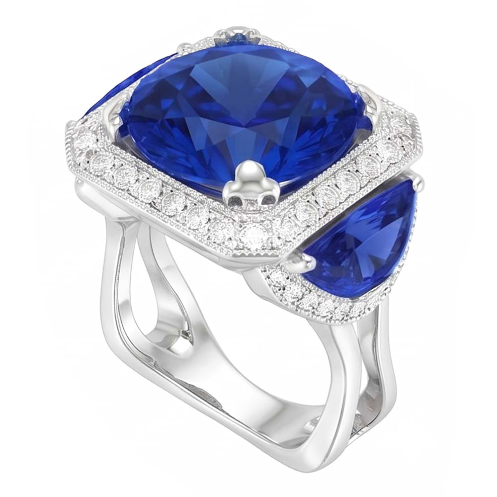 Ceylon Sapphire Gold Engagement Ring Round Natural Earth Mined Diamond ( Not Lab Grown ) s 6 Ct.