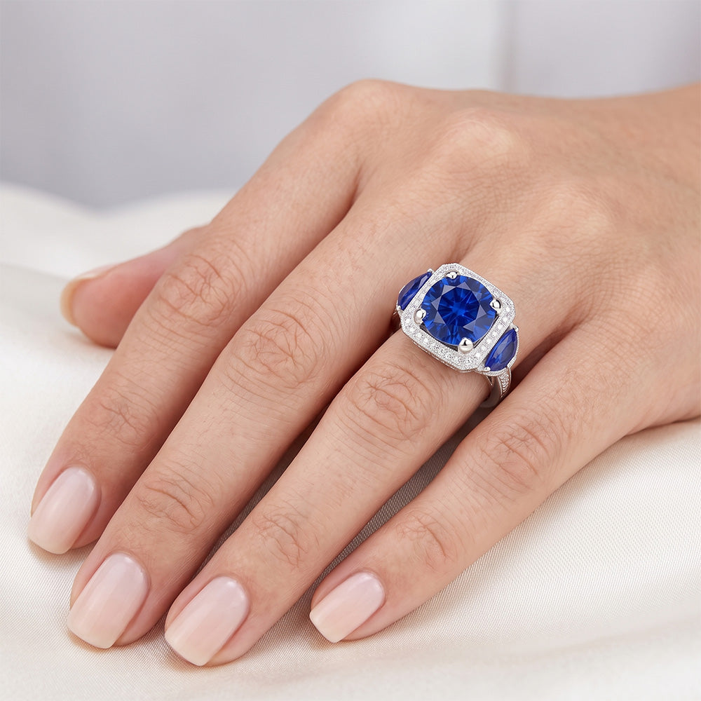 Ceylon Sapphire Gold Engagement Ring Round Natural Earth Mined Diamond ( Not Lab Grown ) s 6 Ct.