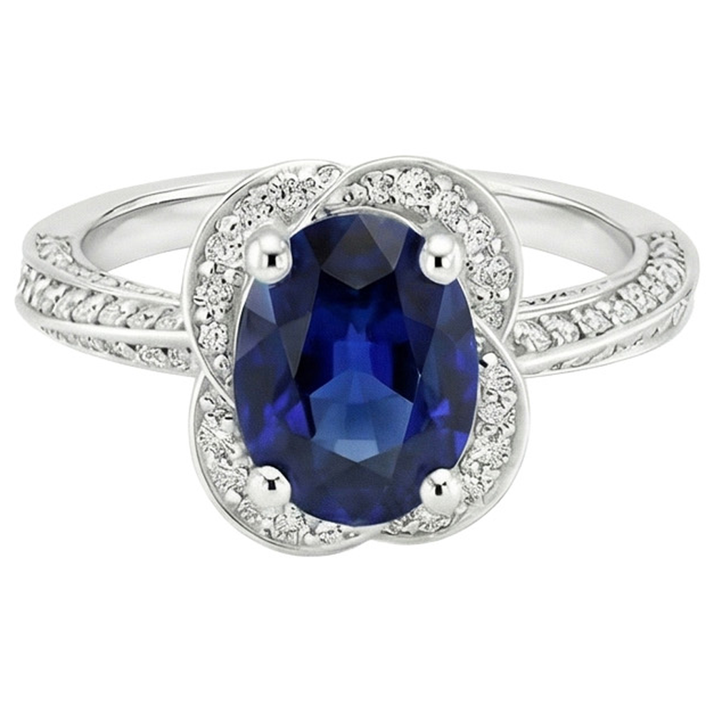 Ceylon Sapphire Halo White Gold Ring & Round Natural Earth Mined Diamond ( Not Lab Grown )s 6 Carats