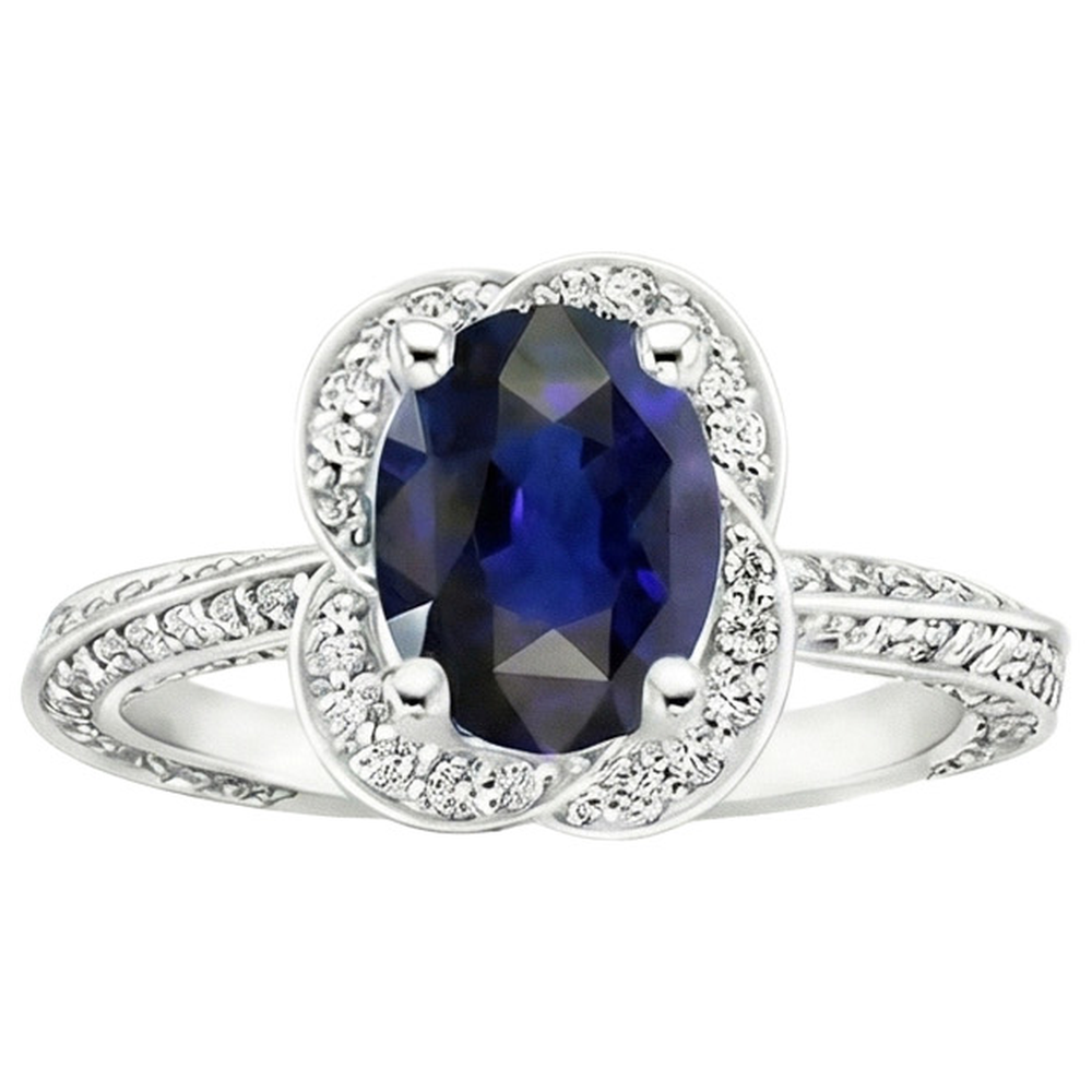Ceylon Sapphire Halo White Gold Ring & Round Natural Earth Mined Diamond ( Not Lab Grown )s 6 Carats