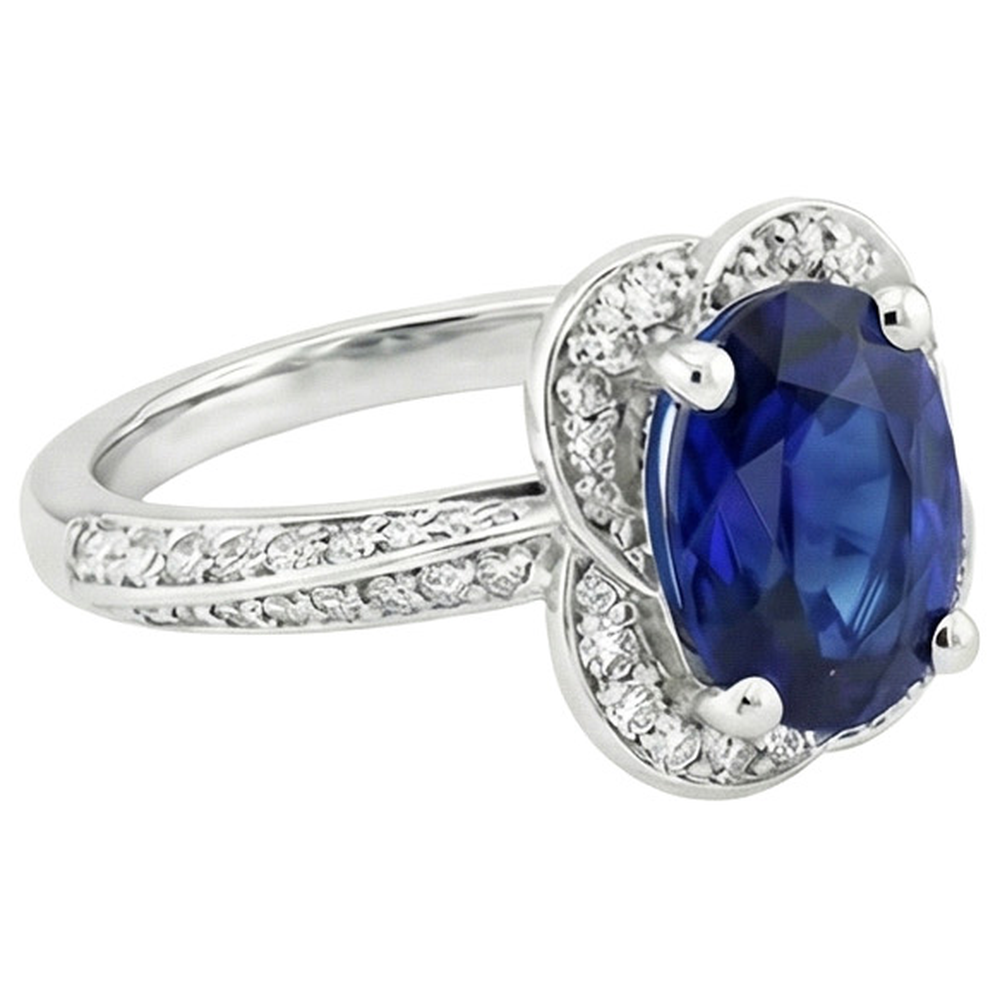 Ceylon Sapphire Halo White Gold Ring & Round Natural Earth Mined Diamond ( Not Lab Grown )s 6 Carats