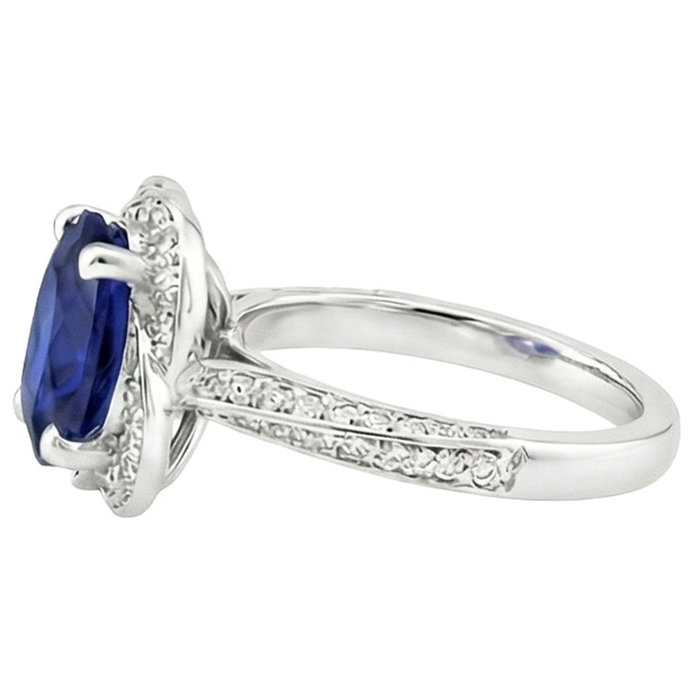 Ceylon Sapphire Halo White Gold Ring & Round Natural Earth Mined Diamond ( Not Lab Grown )s 6 Carats