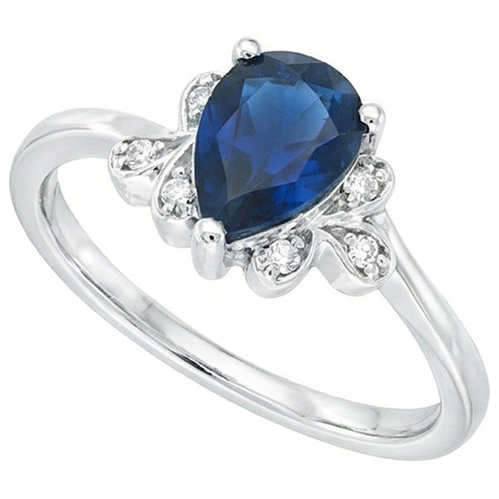 Ceylon Sapphire Pear Cut And Natural Earth Mined Diamond ( Not Lab Grown )s Anniversary Ring 2.30 Ct 14K
