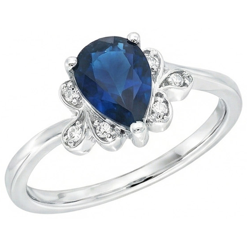 Ceylon Sapphire Pear Cut And Natural Earth Mined Diamond ( Not Lab Grown )s Anniversary Ring 2.30 Ct 14K