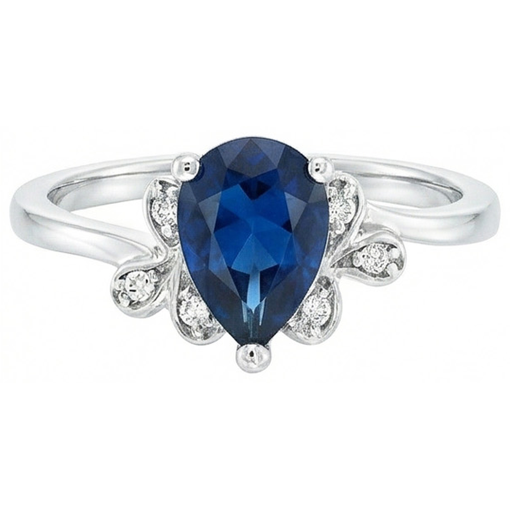 Ceylon Sapphire Pear Cut And Natural Earth Mined Diamond ( Not Lab Grown )s Anniversary Ring 2.30 Ct 14K