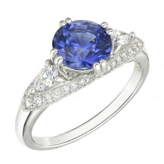 Ceylon Sapphire Round Natural Earth Mined Diamond ( Not Lab Grown ) Ring Antique Style 2.75 Carats