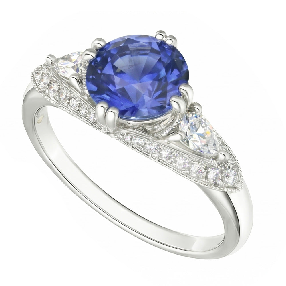 Ceylon Sapphire Round Natural Earth Mined Diamond ( Not Lab Grown ) Ring Antique Style 2.75 Carats