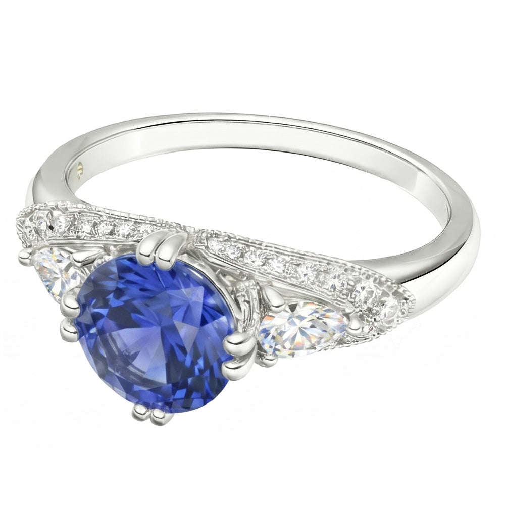 Ceylon Sapphire Round Natural Earth Mined Diamond ( Not Lab Grown ) Ring Antique Style 2.75 Carats