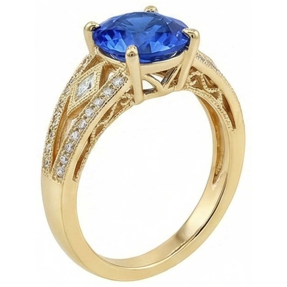 Ceylon Sapphire Round Natural Earth Mined Diamond ( Not Lab Grown ) s 3.75 Ct Ring Antique Style