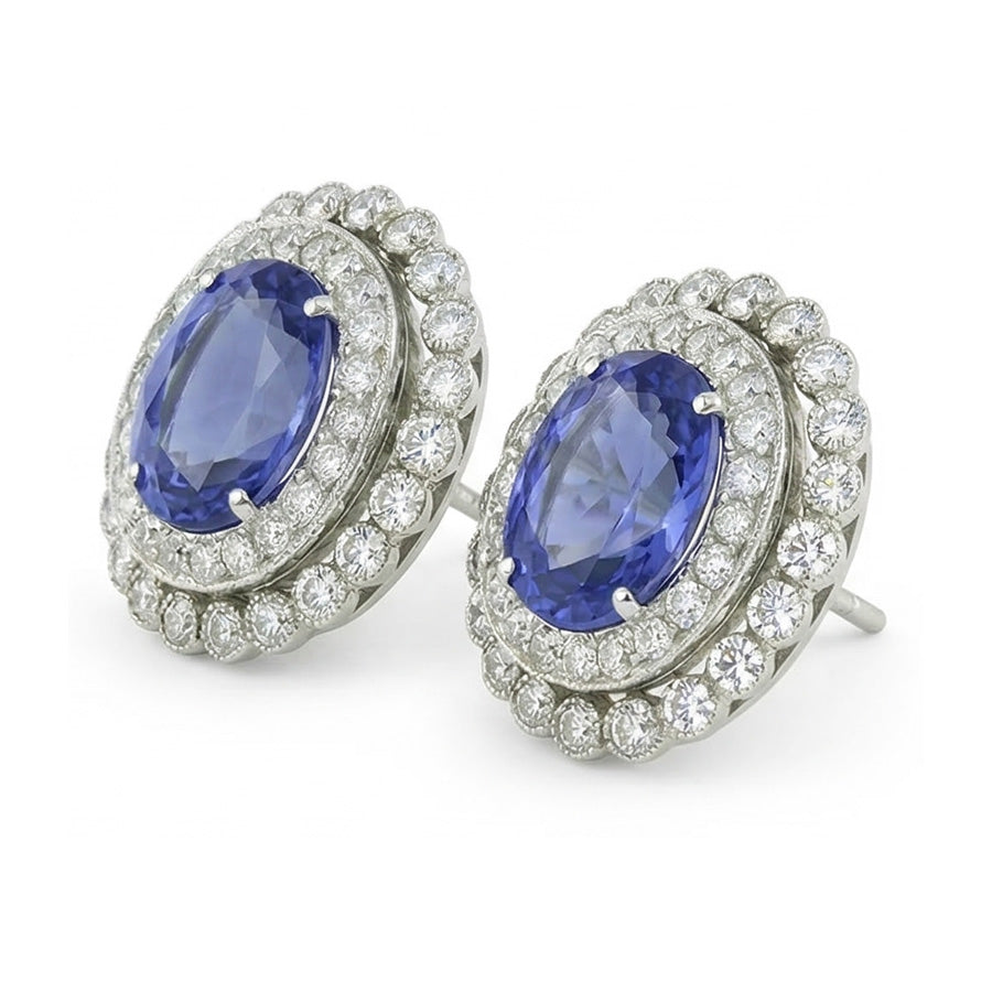 Ceylon Sapphire Round Oval Natural Earth Mined Diamond ( Not Lab Grown )  Halo Stud Earrings 5.50 Ct. WG 14K