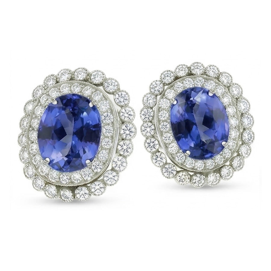 Ceylon Sapphire Round Oval Natural Earth Mined Diamond ( Not Lab Grown )  Halo Stud Earrings 5.50 Ct. WG 14K