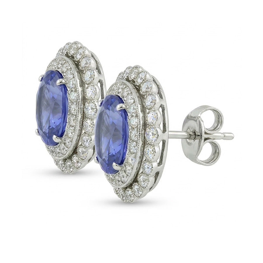 Ceylon Sapphire Round Oval Natural Earth Mined Diamond ( Not Lab Grown )  Halo Stud Earrings 5.50 Ct. WG 14K