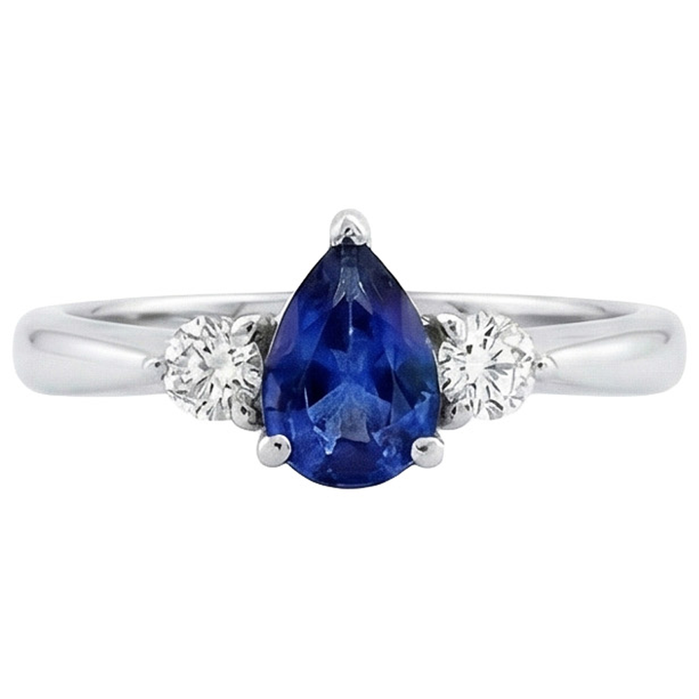 Ceylon Sapphire With Natural Earth Mined Diamond ( Not Lab Grown ) s 3 Stone Ring 1.50 Carats White Gold 14K