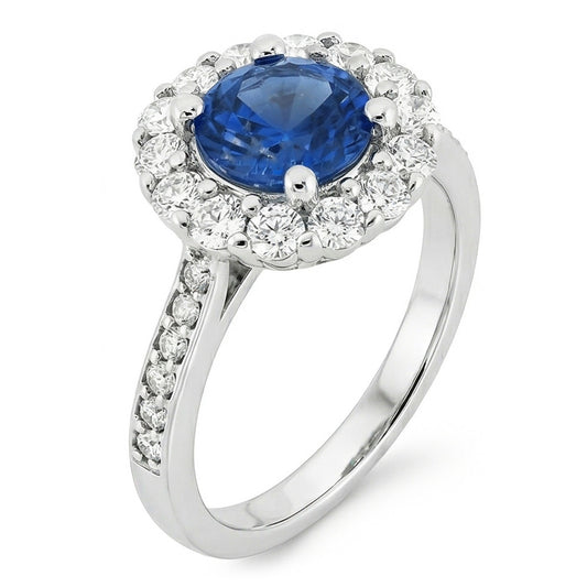 Ceylon Sapphire & Halo Natural Earth Mined Diamond ( Not Lab Grown ) Wedding Ring 3.50 Carats White Gold 14K