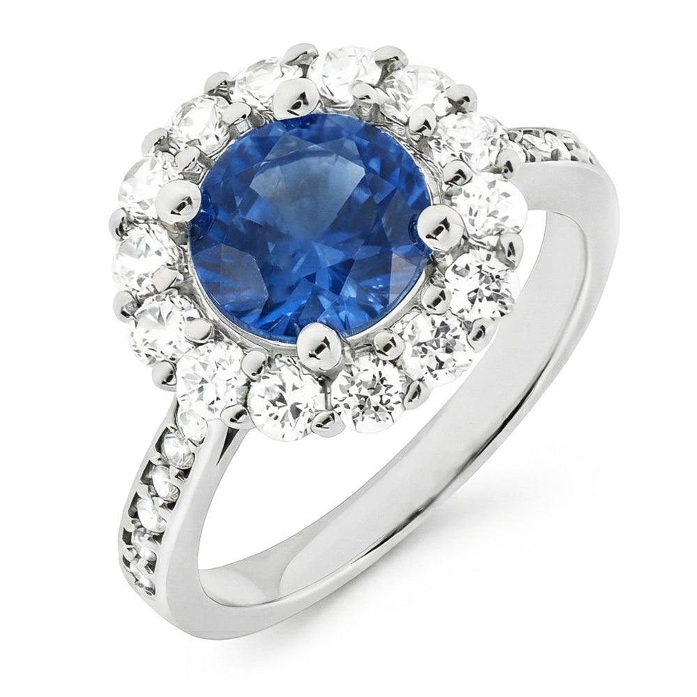 Ceylon Sapphire & Halo Natural Earth Mined Diamond ( Not Lab Grown ) Wedding Ring 3.50 Carats White Gold 14K