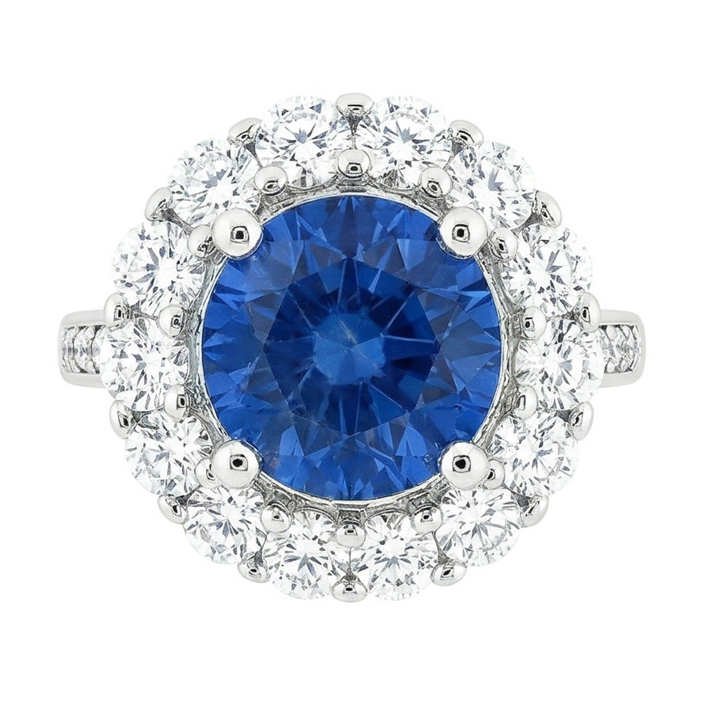 Ceylon Sapphire & Halo Natural Earth Mined Diamond ( Not Lab Grown ) Wedding Ring 3.50 Carats White Gold 14K