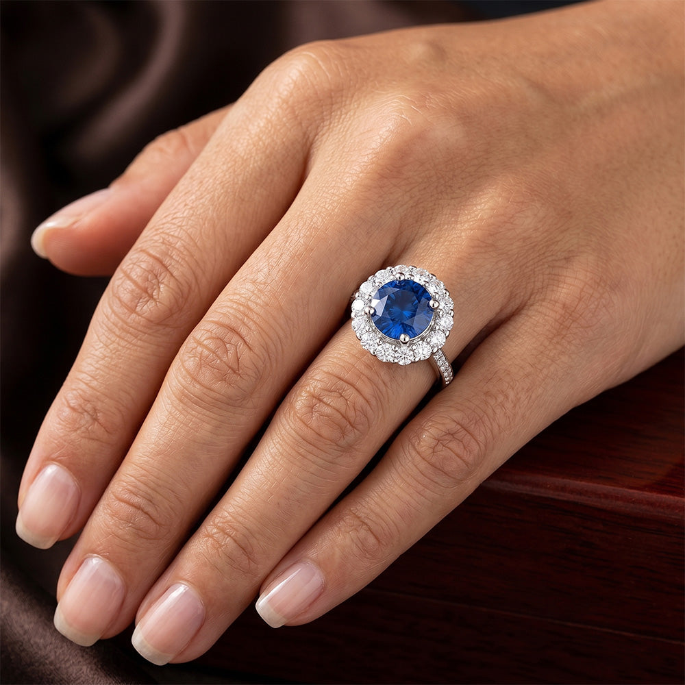Ceylon Sapphire & Halo Natural Earth Mined Diamond ( Not Lab Grown ) Wedding Ring 3.50 Carats White Gold 14K