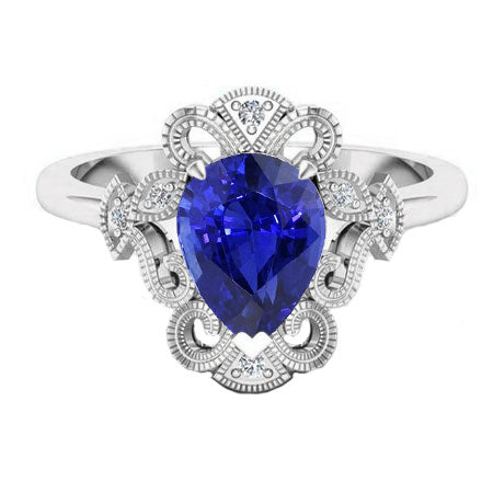 Royal Blue Sapphire Pear Shape Precious Stone Ring in 14K White Gold – angle view