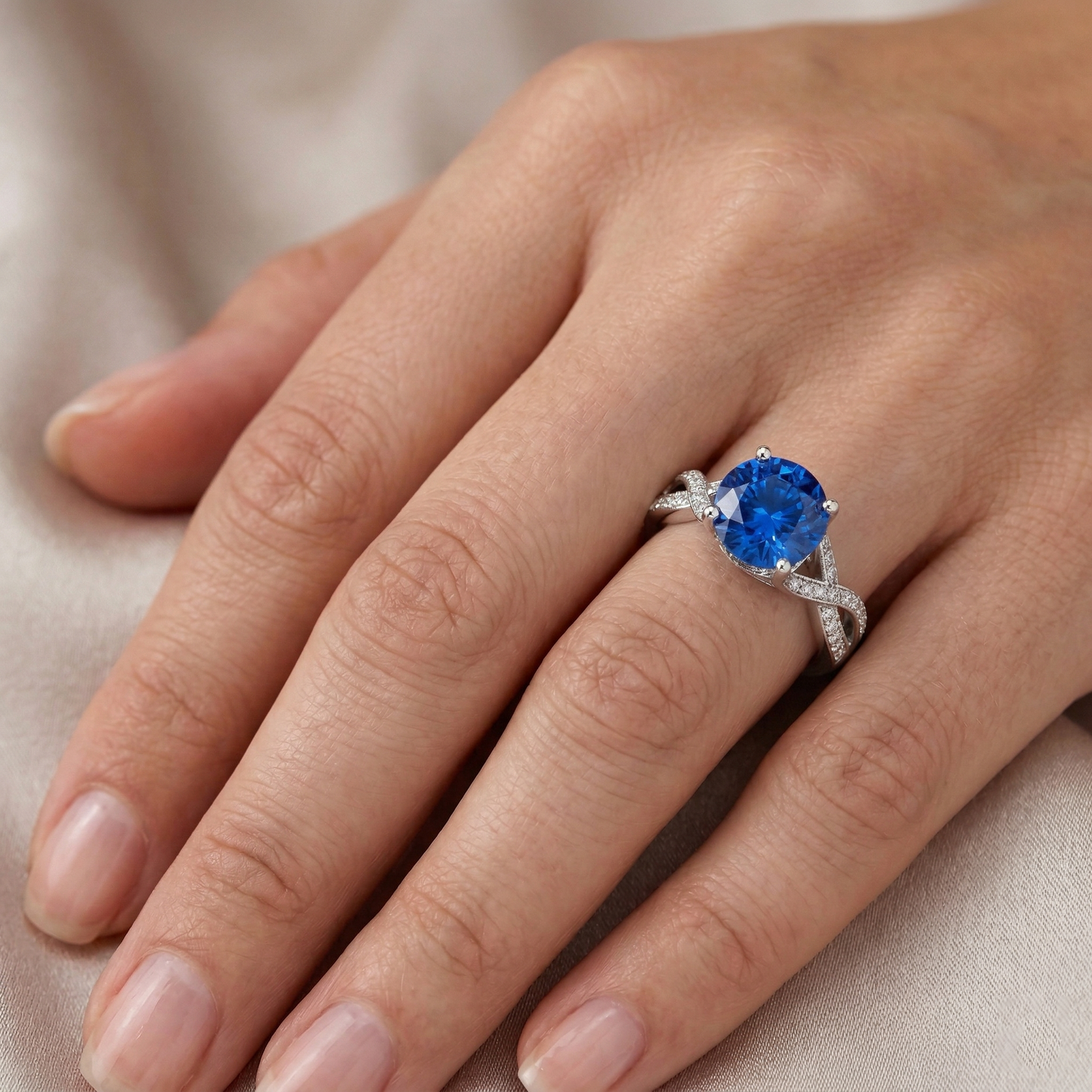 Ceylon Sapphire And Round Natural Earth Mined Diamond ( Not Lab Grown ) s 3 Ct Ring White Gold 14K
