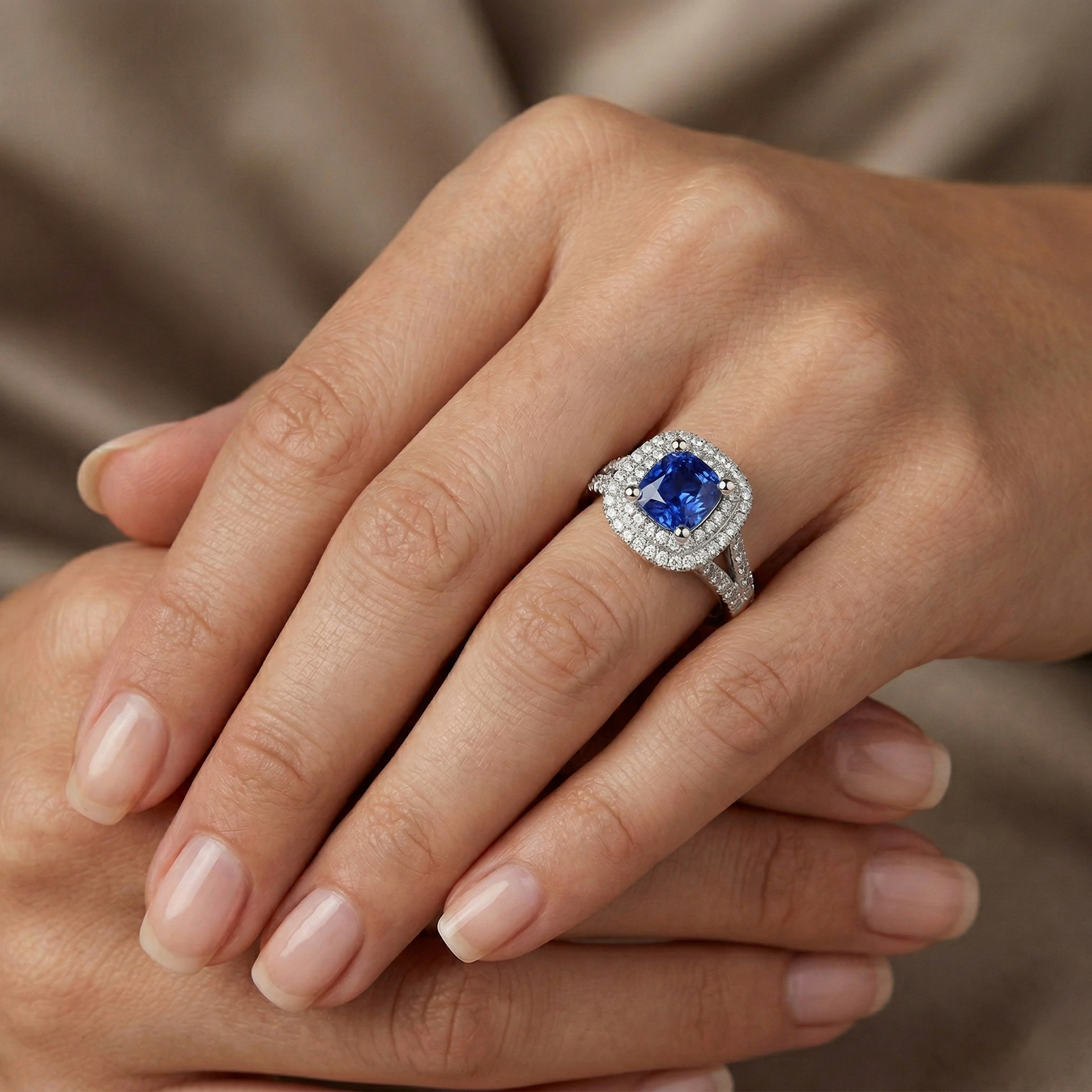 Ceylon Sapphire Double Halo Ring Solid Gold 14K Jewelry 3.5 Ct