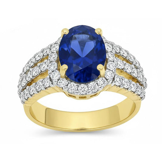 Ceylon Sapphire Oval And Round Natural Earth Mined Diamonds Ring Gold 14K 3.50 Carats