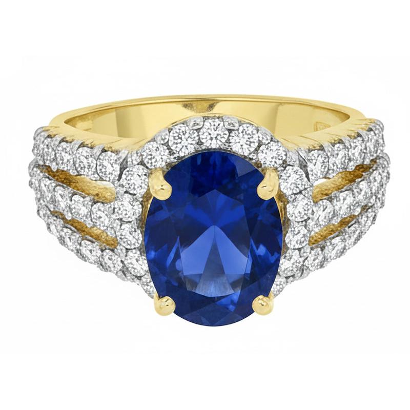 Ceylon Sapphire Oval And Round Natural Earth Mined Diamonds Ring Gold 14K 3.50 Carats