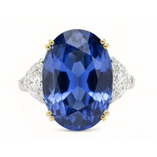 Ceylon Color Sapphire Oval And Trillion IGI CERTIFIED Diamonds Ring 3-Stone