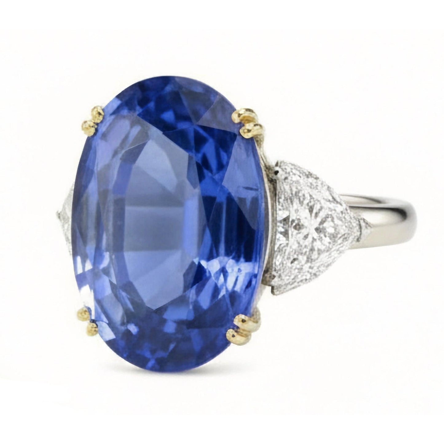 Ceylon Color Sapphire Oval And Trillion IGI CERTIFIED Diamonds Ring 3-Stone