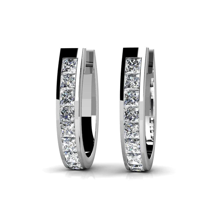 Channel Set 2.40 Ct Princess Cut Real Diamonds Hoop Earrings White Gold 14K