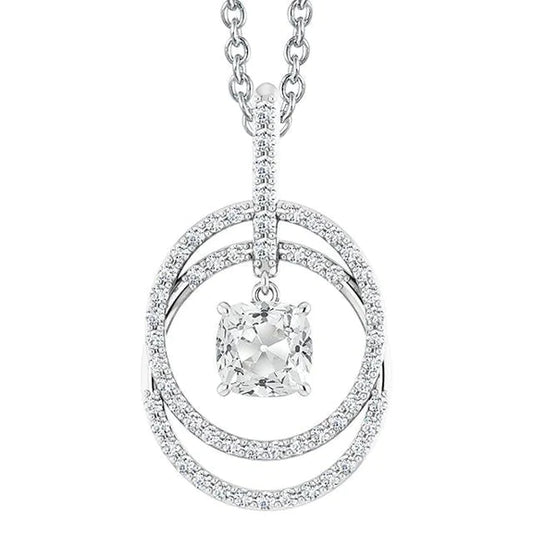 Circle Real Diamond Pendant Cushion Old Cut 4 Carats Prong Set 14K