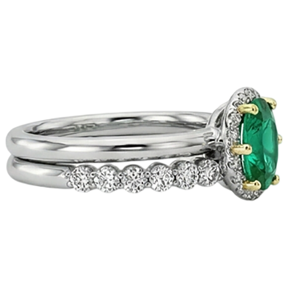 Authentic Emerald Colored Stone Ring 2 ct 14 Karat Two Tone Gold – profile view