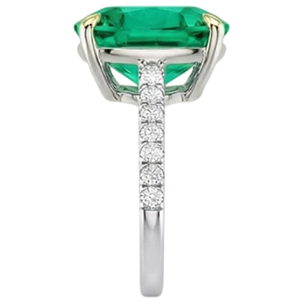 Emerald Cushion Gemstone Ring in Two-Tone 14K Gold – profile view