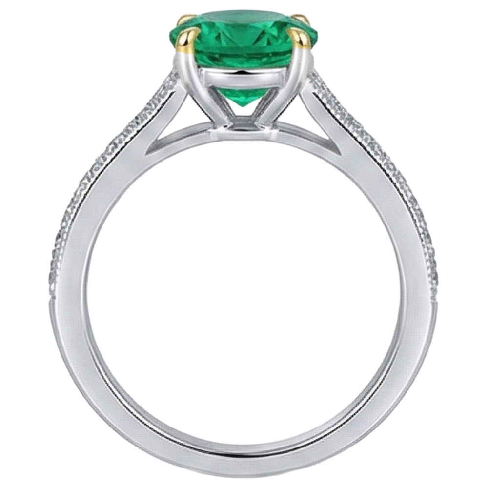 Round Cut Colombian Emerald ring in Two-Tone 14K Gold – back view