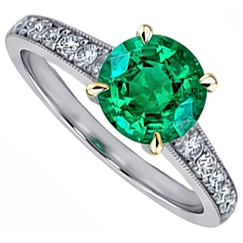 Round Cut Colombian Emerald ring in Two-Tone 14K Gold – angle view