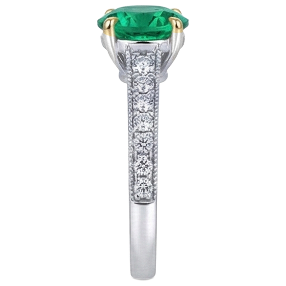 Colombian Emerald Round Cut Precious Stone Ring in Two-Tone 14K Gold – top view