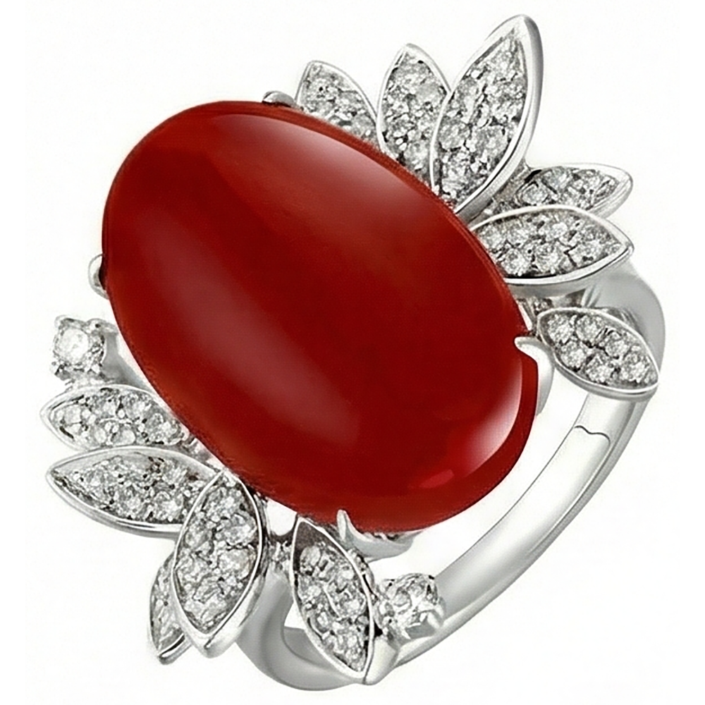 Coral With Natural Earth Mined Diamond ( Not Lab Grown ) Cocktail Ring