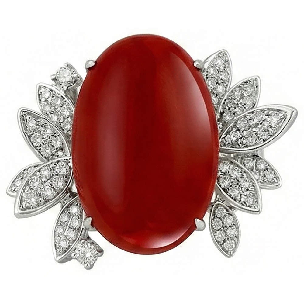 Coral With Natural Earth Mined Diamond ( Not Lab Grown ) Cocktail Ring