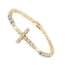 Cross Genuine Diamond Tennis Bracelet 12 Carats Yellow Gold Round Cut Jewelry