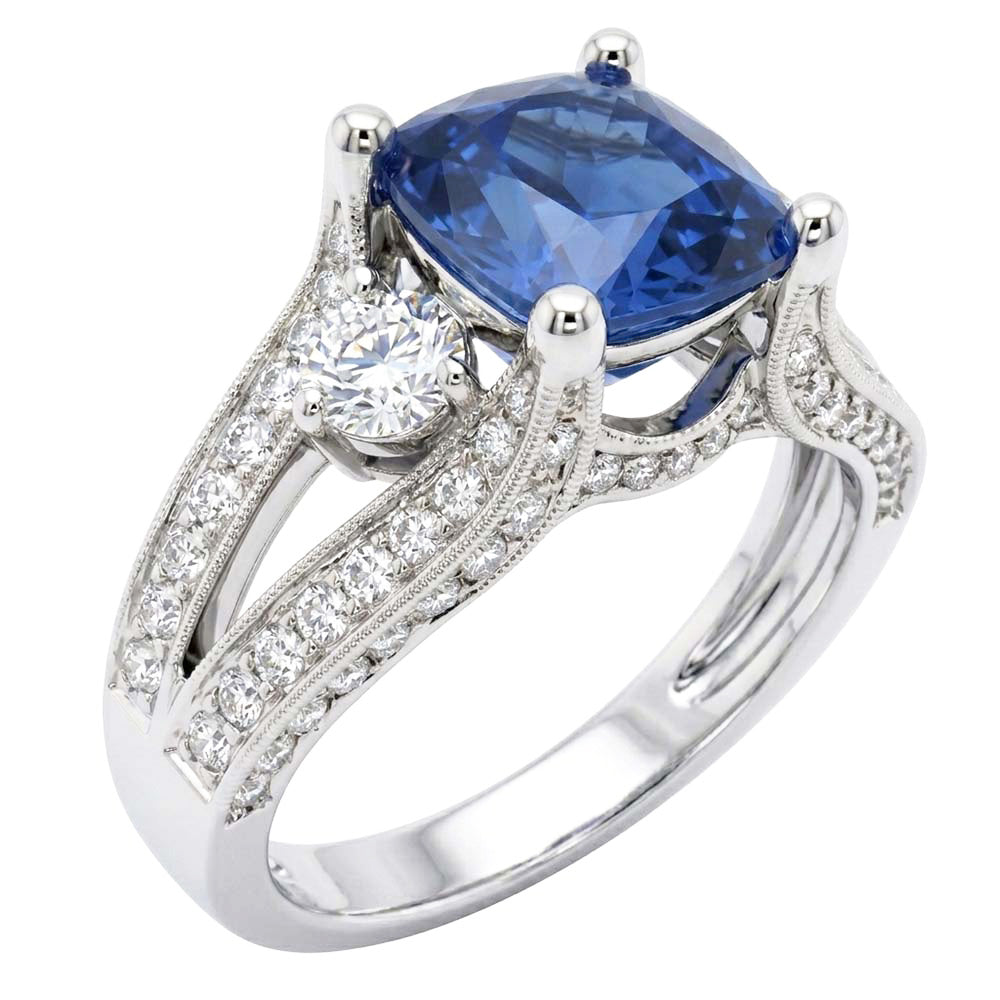 Cushion And Round Cut 5.40 Ct Sri Lankan Sapphire And Natural Earth Mined Diamond ( Not Lab Grown ) s Ring