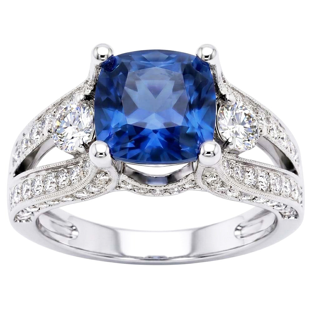 Cushion And Round Cut 5.40 Ct Sri Lankan Sapphire And Natural Earth Mined Diamond ( Not Lab Grown ) s Ring