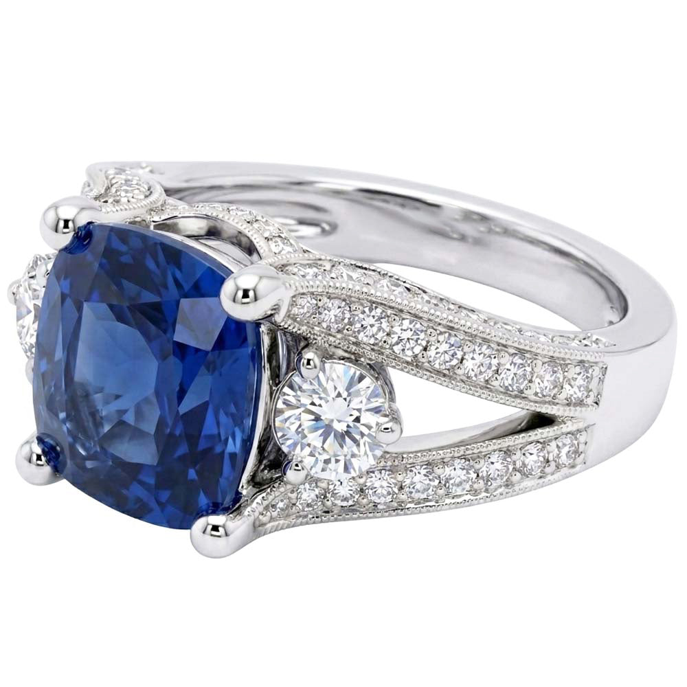Cushion And Round Cut 5.40 Ct Sri Lankan Sapphire And Natural Earth Mined Diamond ( Not Lab Grown ) s Ring