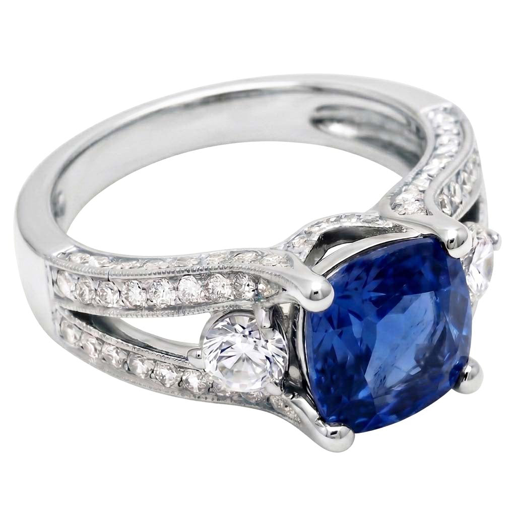Cushion And Round Cut 5.40 Ct Sri Lankan Sapphire And Natural Earth Mined Diamond ( Not Lab Grown ) s Ring