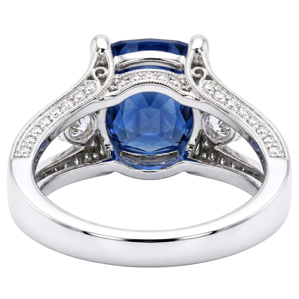 Cushion And Round Cut 5.40 Ct Sri Lankan Sapphire And Natural Earth Mined Diamond ( Not Lab Grown ) s Ring