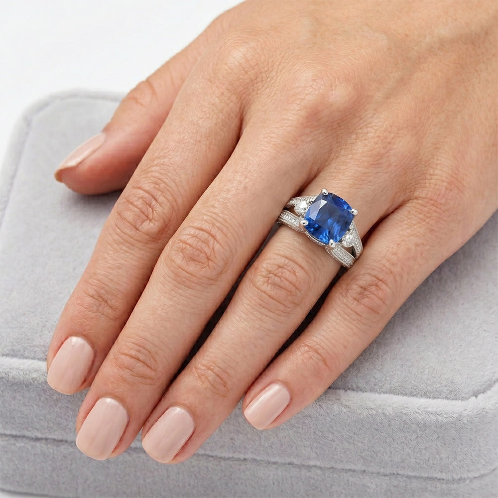 Cushion And Round Cut 5.40 Ct Sri Lankan Sapphire And Natural Earth Mined Diamond ( Not Lab Grown ) s Ring