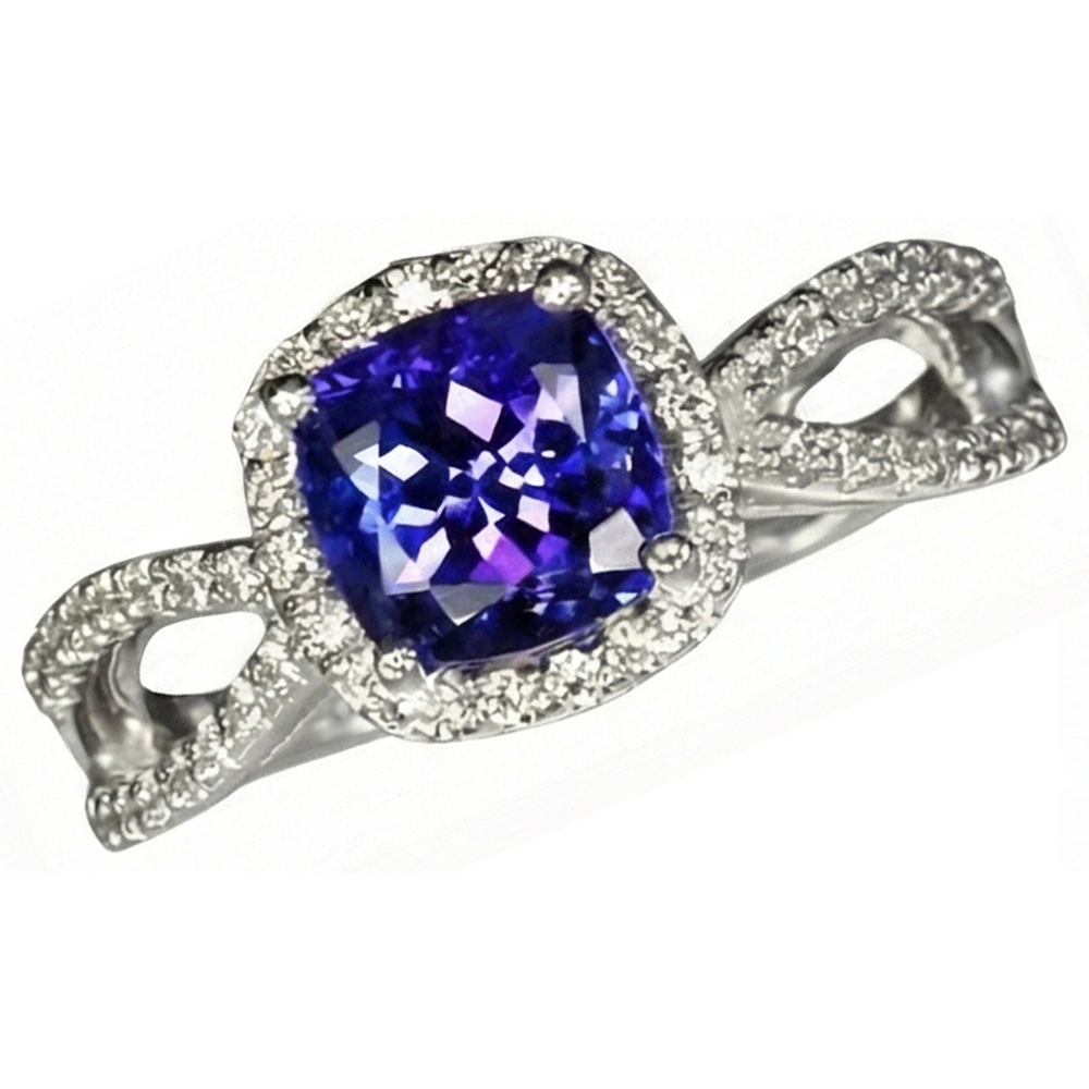 Cushion Blue Tanzanite And Natural Earth Mined Diamond ( Not Lab Grown ) Ring 5.50 Carats White Gold 14K