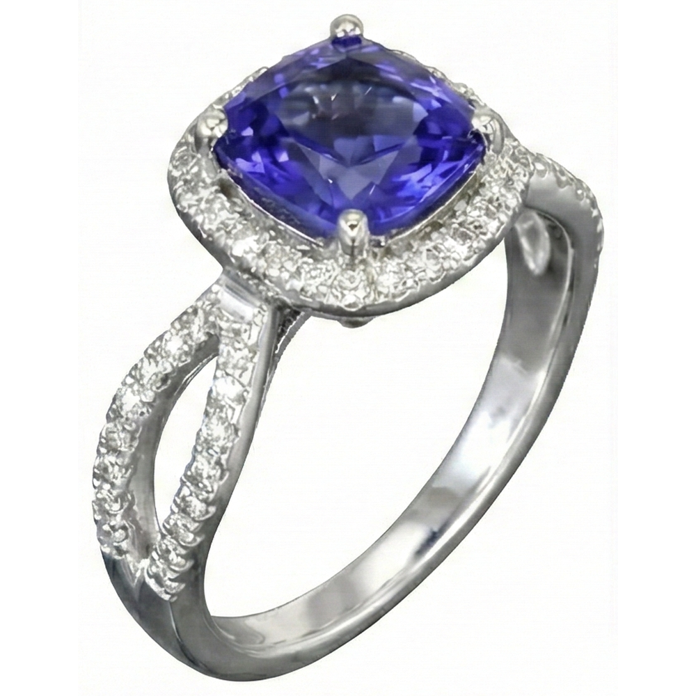 Cushion Blue Tanzanite And Natural Earth Mined Diamond ( Not Lab Grown ) Ring 5.50 Carats White Gold 14K
