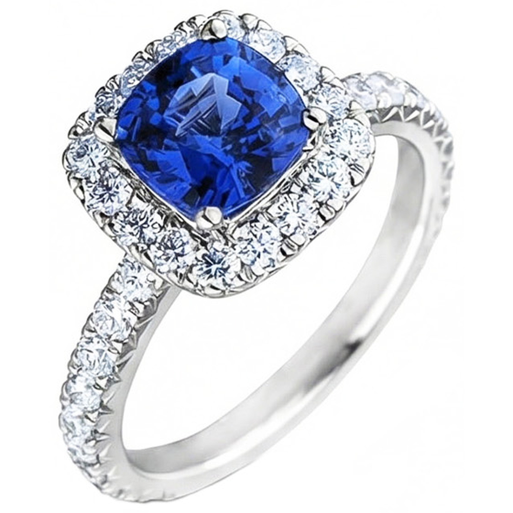 Cushion Ceylon Blue Sapphire With Natural Earth Mined Diamond ( Not Lab Grown )s 2.50 Ct. Ring