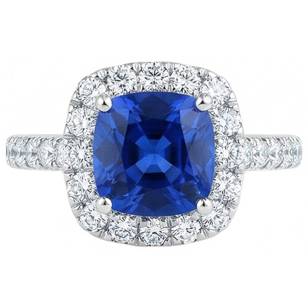 Cushion Ceylon Blue Sapphire With Natural Earth Mined Diamond ( Not Lab Grown )s 2.50 Ct. Ring