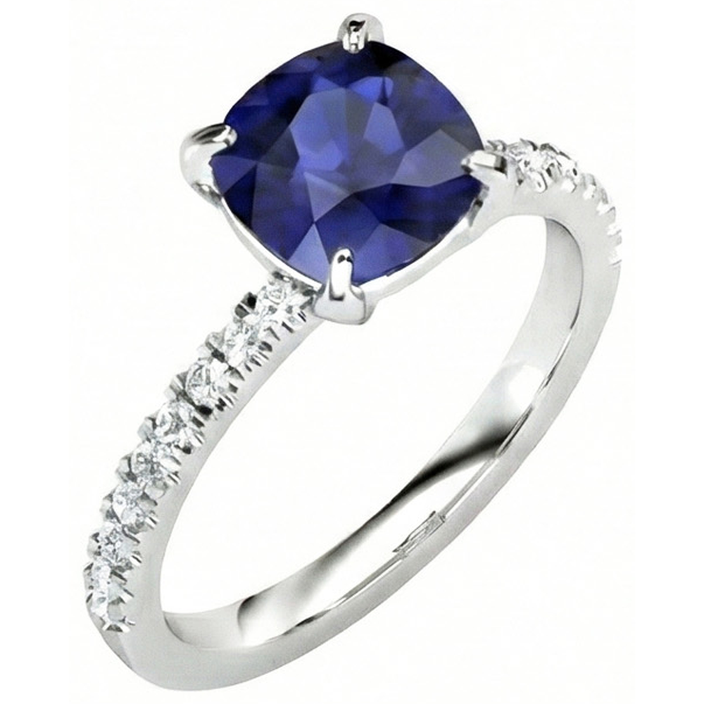 Cushion Ceylon Sapphire And Natural Earth Mined Diamond ( Not Lab Grown )s 2.90 Ct Ring White Gold 14K