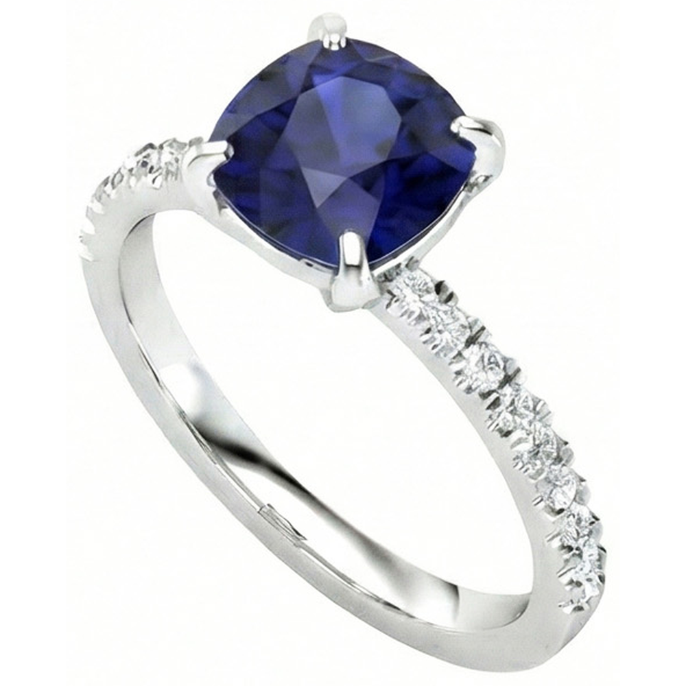Cushion Ceylon Sapphire And Natural Earth Mined Diamond ( Not Lab Grown )s 2.90 Ct Ring White Gold 14K